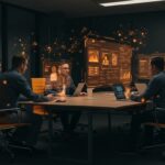 Reunión híbrida con IA de Google Meet generando notas automáticas para startups, representando colaboración y automatización en entornos presenciales y digitales.