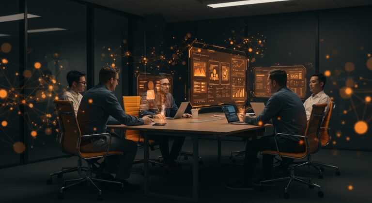 Reunión híbrida con IA de Google Meet generando notas automáticas para startups, representando colaboración y automatización en entornos presenciales y digitales.