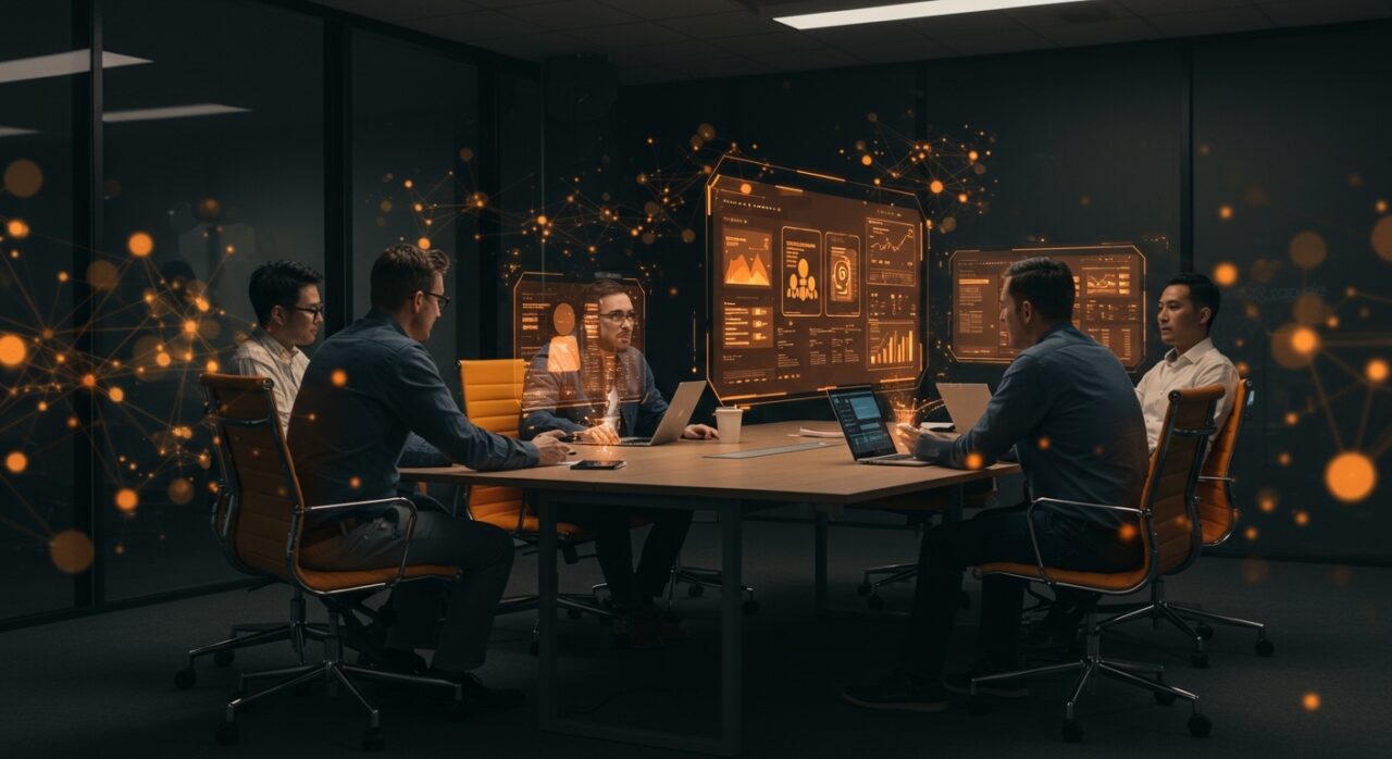 Reunión híbrida con IA de Google Meet generando notas automáticas para startups, representando colaboración y automatización en entornos presenciales y digitales.