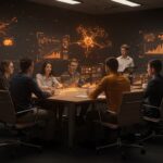 Imagen de reunión presencial transcrita por IA usando Google Meet Gemini que mejora la productividad de startups en 2026.