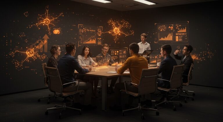 Imagen de reunión presencial transcrita por IA usando Google Meet Gemini que mejora la productividad de startups en 2026.