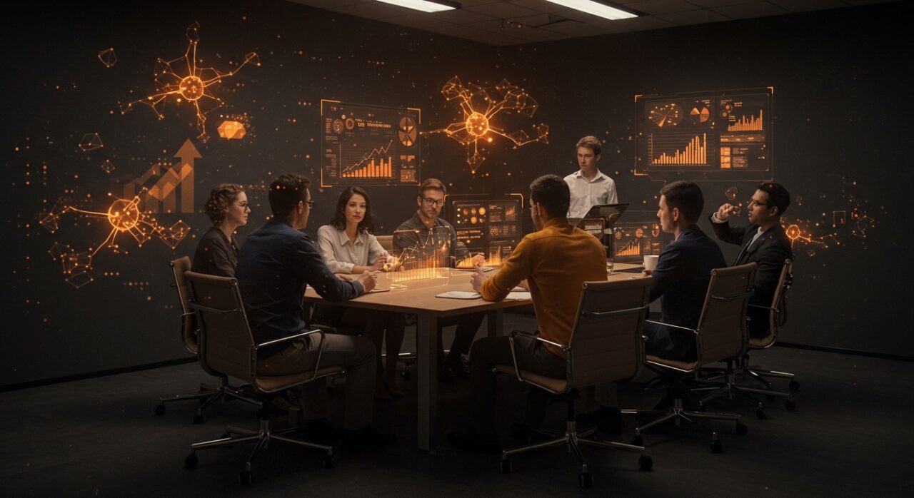 Imagen de reunión presencial transcrita por IA usando Google Meet Gemini que mejora la productividad de startups en 2026.