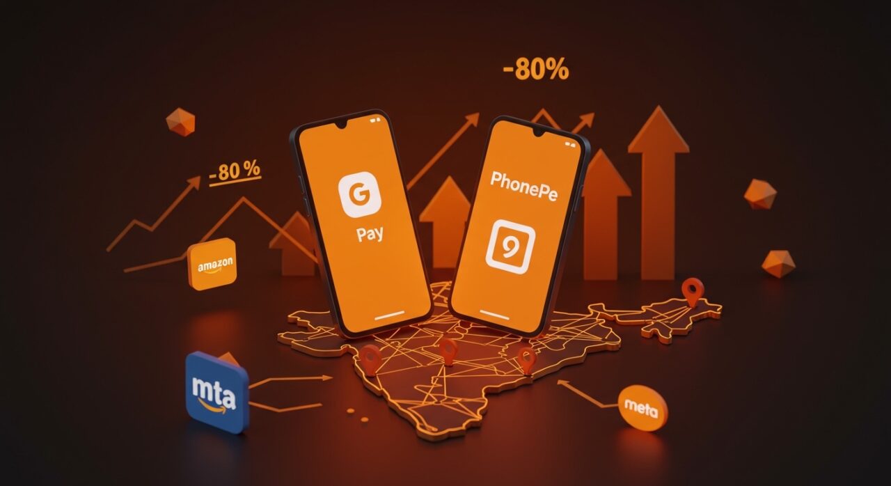 Dominio del mercado fintech en India con Google Pay y PhonePe representados en un mapa digital, destacando competencia de Amazon y Meta y tendencias en pagos digitales UPI.