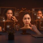 Edición facial con IA en Google Photos Touch Up mostrando retoque de hasta seis caras en una foto grupal, destacando herramientas avanzadas de edición y verificación de contenido digital.