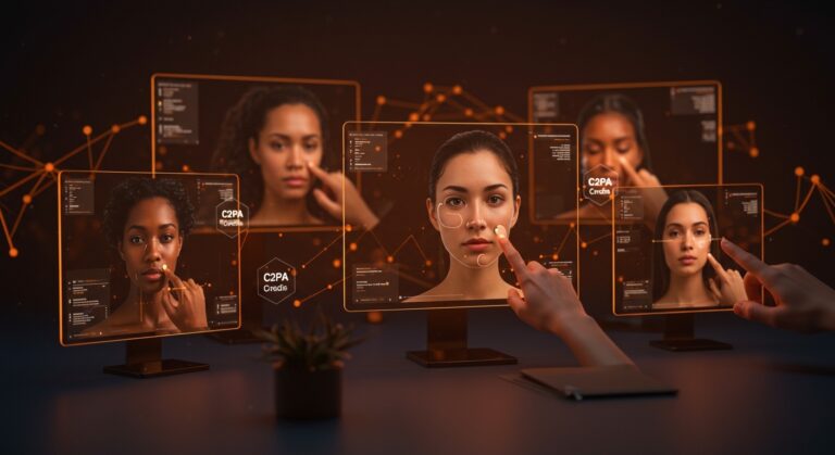 Edición facial con IA en Google Photos Touch Up mostrando retoque de hasta seis caras en una foto grupal, destacando herramientas avanzadas de edición y verificación de contenido digital.