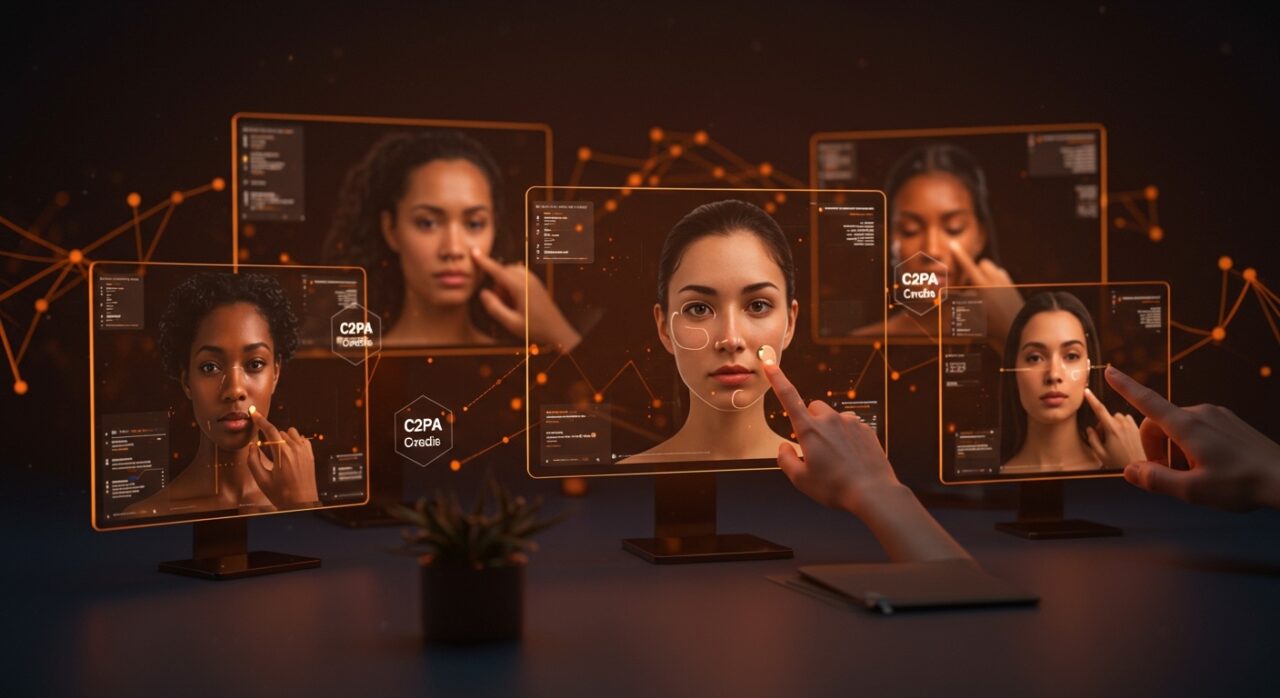 Edición facial con IA en Google Photos Touch Up mostrando retoque de hasta seis caras en una foto grupal, destacando herramientas avanzadas de edición y verificación de contenido digital.