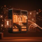 Interfaz digital de closet inteligente con IA organizando ropa automáticamente, ilustrando Google Photos IA y su impacto en moda y retail.