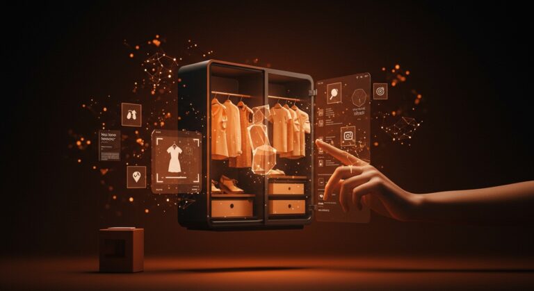 Interfaz digital de closet inteligente con IA organizando ropa automáticamente, ilustrando Google Photos IA y su impacto en moda y retail.