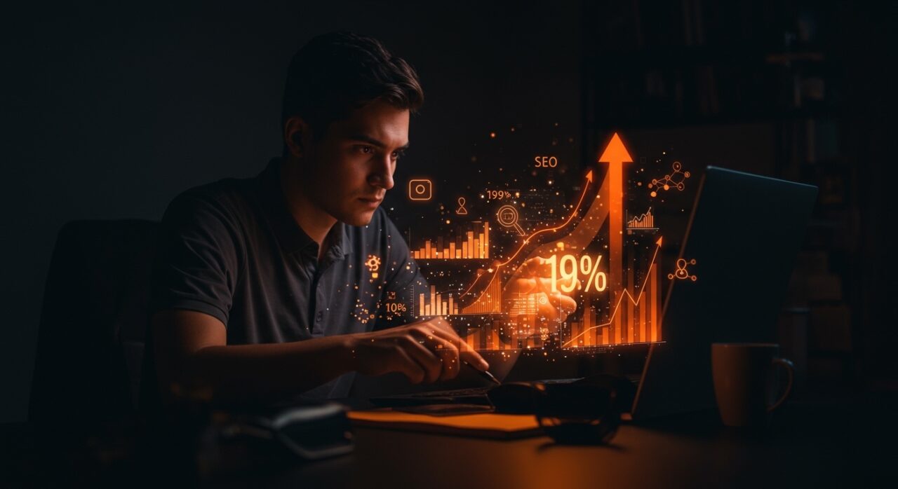 Fundador de startup observando flujos de datos digitales que representan el crecimiento del 19% de Google Search con inteligencia artificial y estrategias de SEO conversacional.