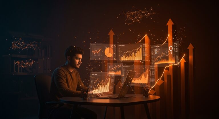 Fundador analizando pantallas holográficas con crecimiento de tráfico orgánico y SEO impulsado por inteligencia artificial en Google Search Q1 2026.