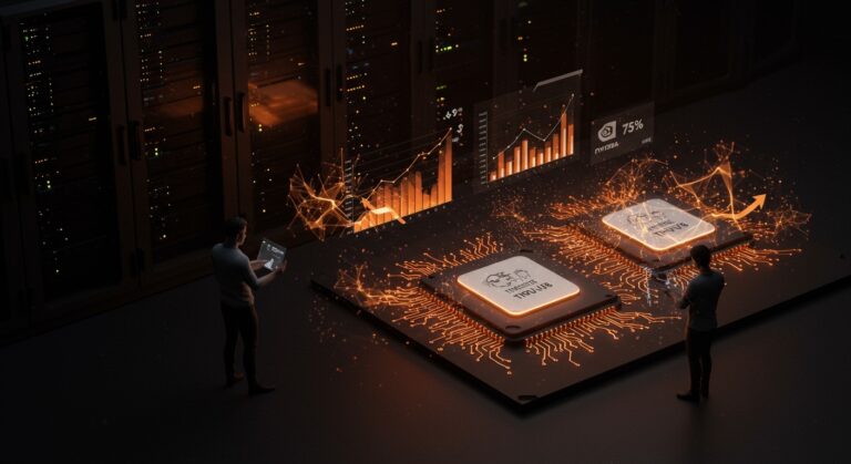 Google TPU v8 destacando en un entorno tecnológico con chips especializados y representación visual de reducción de costos de infraestructura AI comparado con Nvidia.