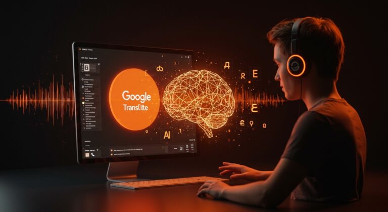 Interfaz digital que muestra la función de pronunciación de Google Translate con IA Gemini para aprendizaje de idiomas y corrección vocal en startups.