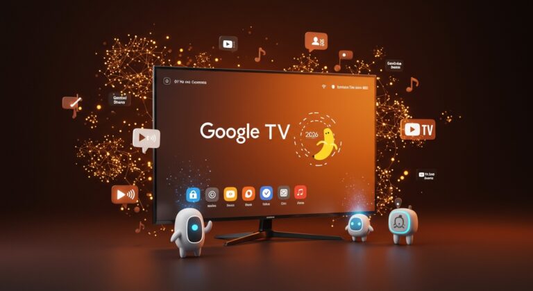 Smart TV Google TV 2026 mostrando integración de Nano Banana y Veo con IA generativa por voz en ecosistema tecnológico avanzado.