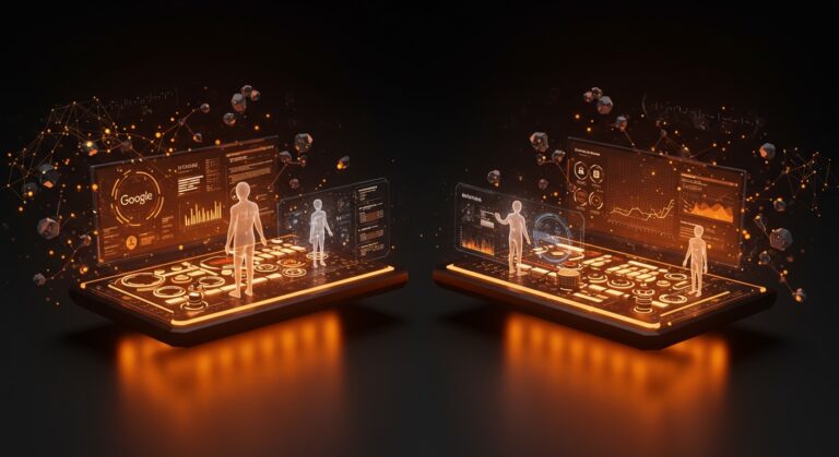 Comparativa visual de Google Gemini Enterprise y AWS Bedrock AgentCore gestionando agentes de IA para automatización empresarial en 2026.