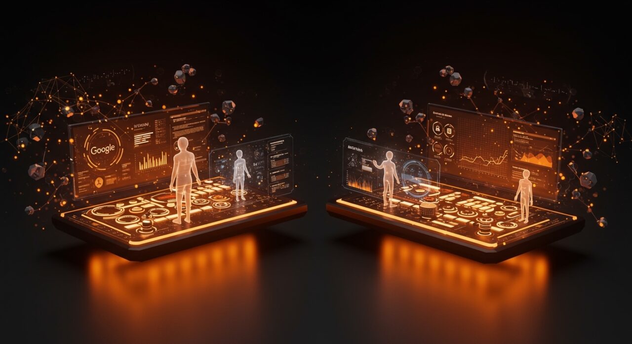 Comparativa visual de Google Gemini Enterprise y AWS Bedrock AgentCore gestionando agentes de IA para automatización empresarial en 2026.