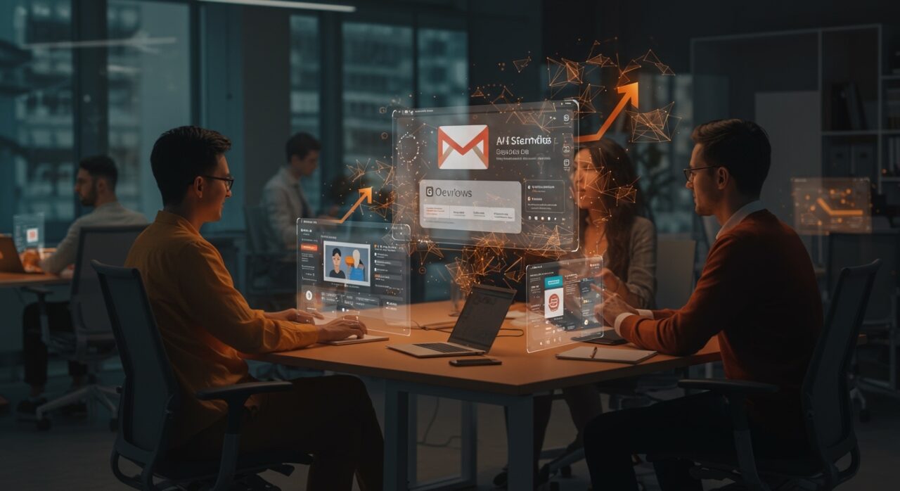 Interfaz futurista de Gmail empresarial con AI Overviews y Google Workspace IA mejorando la productividad en startups.