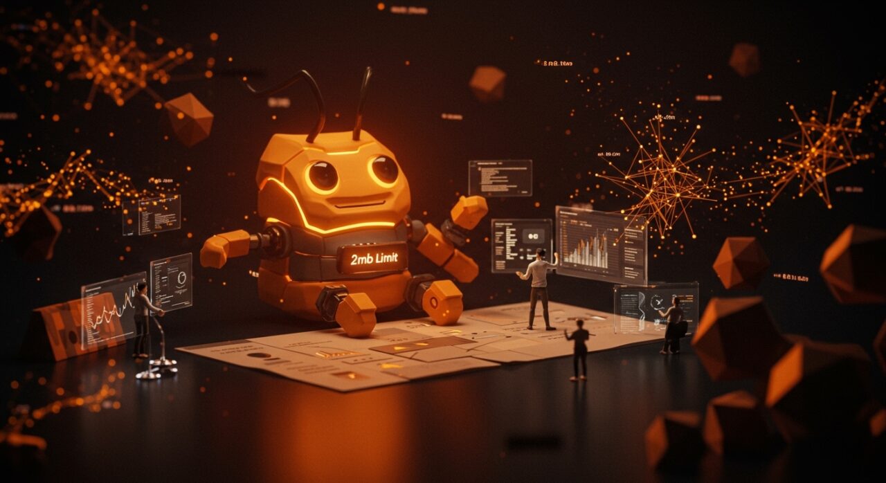 Googlebot explorando una página web con límite de 2MB, ilustrando el impacto en SEO técnico y performance web.