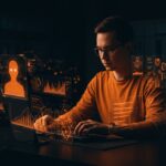 Growth Engineer trabajando con agentes IA autónomos y flujos de automatización en entorno startup YC, destacando salarios crecientes y crecimiento en marketing.