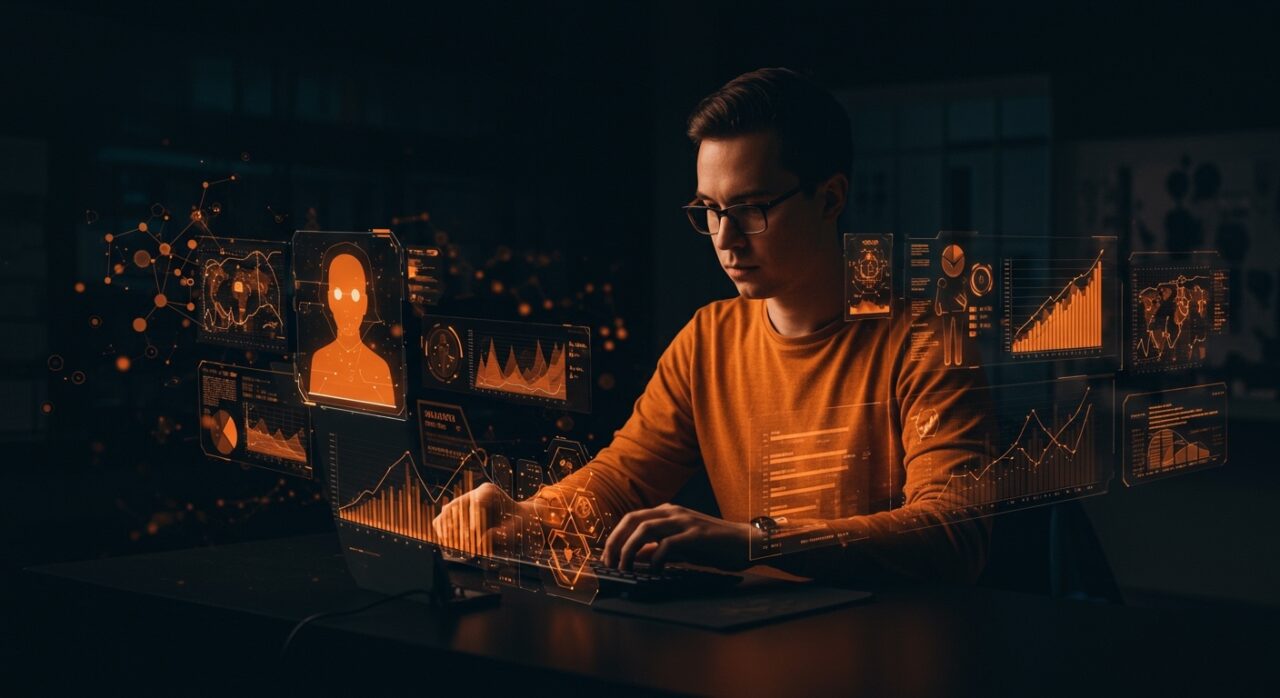 Growth Engineer trabajando con agentes IA autónomos y flujos de automatización en entorno startup YC, destacando salarios crecientes y crecimiento en marketing.