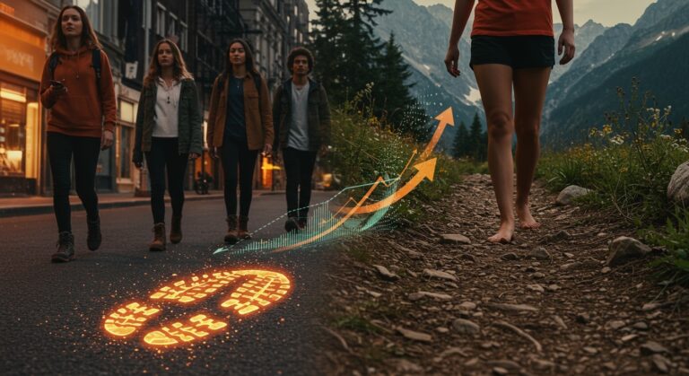 Contraste entre calzado barefoot y botas técnicas gorpcore en entorno urbano y natural, reflejando tendencias en mercado y bienestar outdoor.