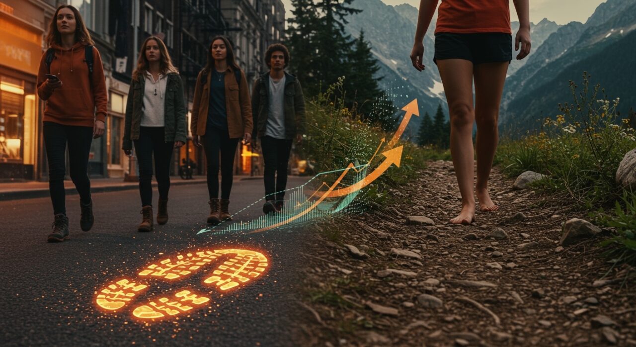 Contraste entre calzado barefoot y botas técnicas gorpcore en entorno urbano y natural, reflejando tendencias en mercado y bienestar outdoor.