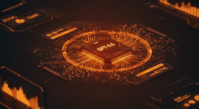 Visualización futurista de GPT-5.5 destacando su rendimiento del 82.7% en benchmarks y eficiencia de costos, representando avances en IA empresarial y automatización para startups.