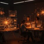 Equipo de founders trabajando con interfaces holográficas mostrando GPT-5.5 de OpenAI y métricas de IA para startups.