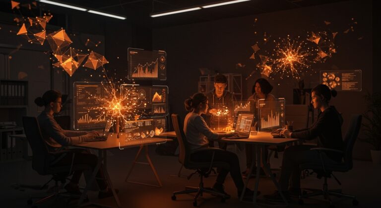 Equipo de founders trabajando con interfaces holográficas mostrando GPT-5.5 de OpenAI y métricas de IA para startups.