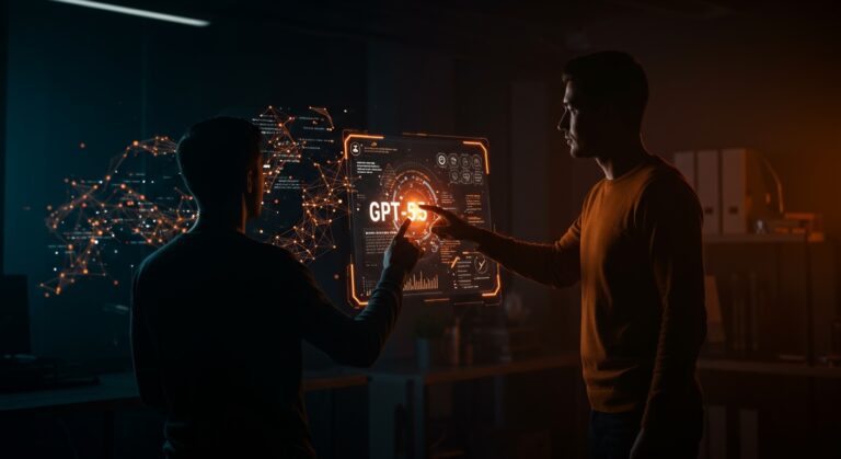 Fundador de startup frente a interfaz holográfica mostrando codificación autónoma y flujos de datos de GPT-5.5 de OpenAI, resaltando inteligencia artificial y automatización.