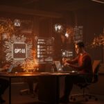 Fundadores de startups interactuando con interfaz holográfica de GPT-5.5 y metáforas visuales de inteligencia artificial agentic y modelos de lenguaje 2026.