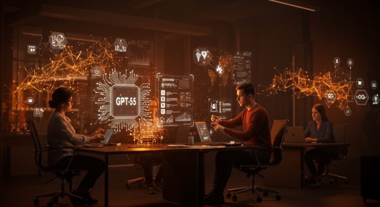 Fundadores de startups interactuando con interfaz holográfica de GPT-5.5 y metáforas visuales de inteligencia artificial agentic y modelos de lenguaje 2026.