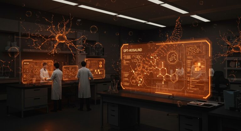 GPT-Rosalind de OpenAI para descubrimiento de fármacos en biotecnología con IA avanzada en laboratorio futurista.