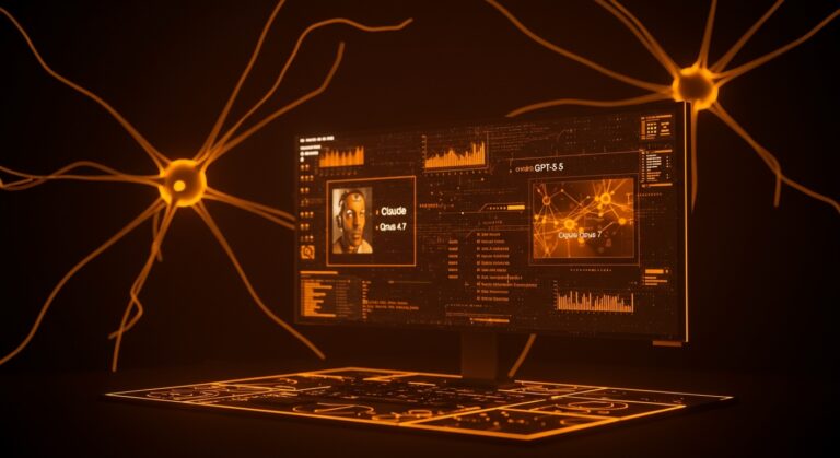 Comparativa visual entre GPT-5.5 y Claude Opus 4.7 destacando rendimiento y eficiencia en IA para startups tecnológicas.