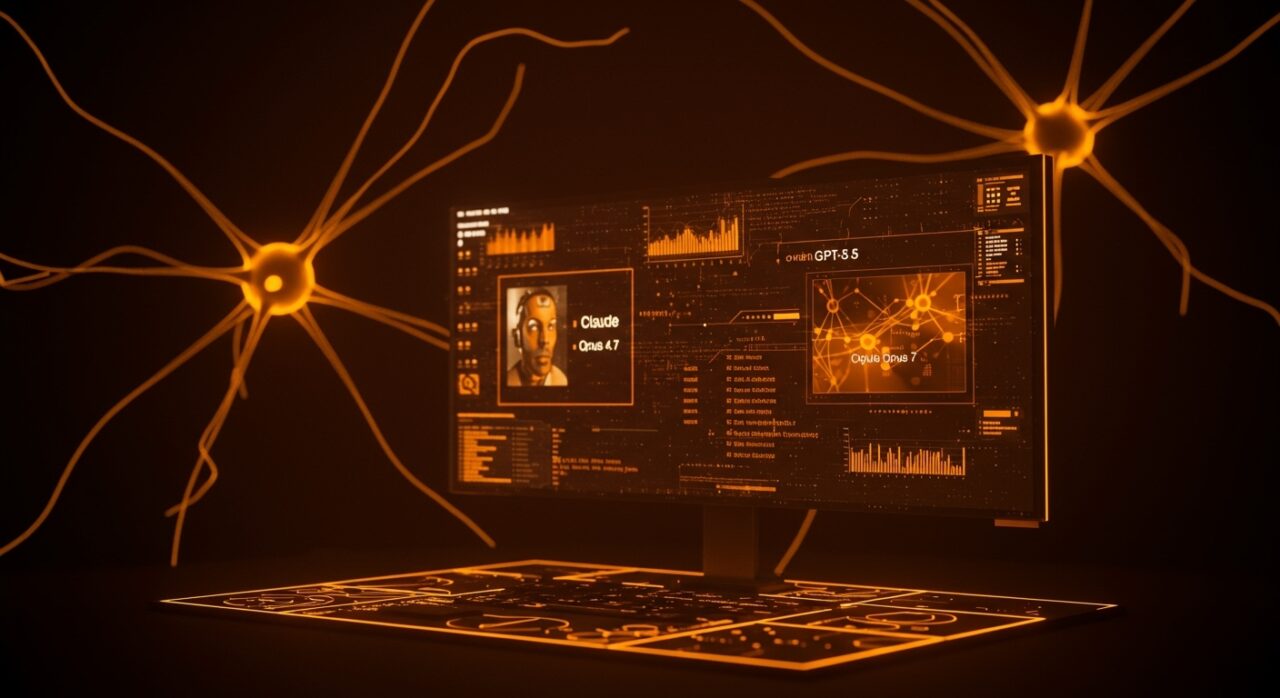 Comparativa visual entre GPT-5.5 y Claude Opus 4.7 destacando rendimiento y eficiencia en IA para startups tecnológicas.