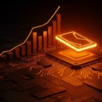 GPU NVIDIA B200 brillante sobre circuito futurista en paleta naranja y negro, simbolizando el aumento de precio por lanzamientos de OpenAI en el mercado de IA.