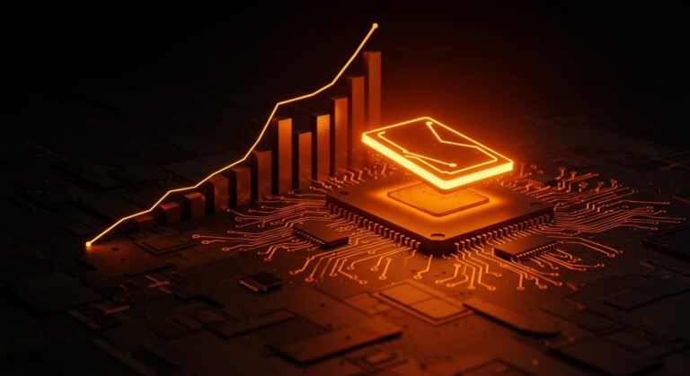 GPU NVIDIA B200 brillante sobre circuito futurista en paleta naranja y negro, simbolizando el aumento de precio por lanzamientos de OpenAI en el mercado de IA.