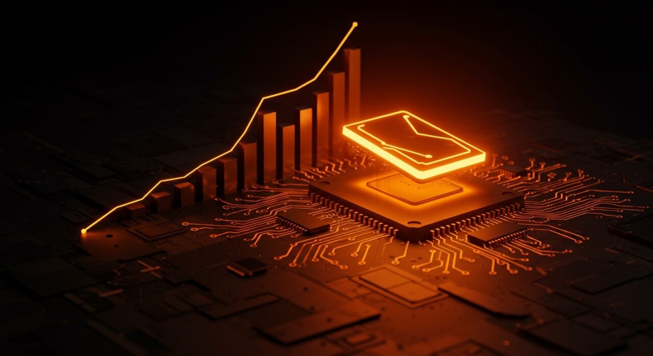 GPU NVIDIA B200 brillante sobre circuito futurista en paleta naranja y negro, simbolizando el aumento de precio por lanzamientos de OpenAI en el mercado de IA.