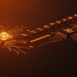 Evolución de GPUs en 30 años ilustrada con chips y metáforas de inteligencia artificial y tendencias del mercado tecnológico en startups.