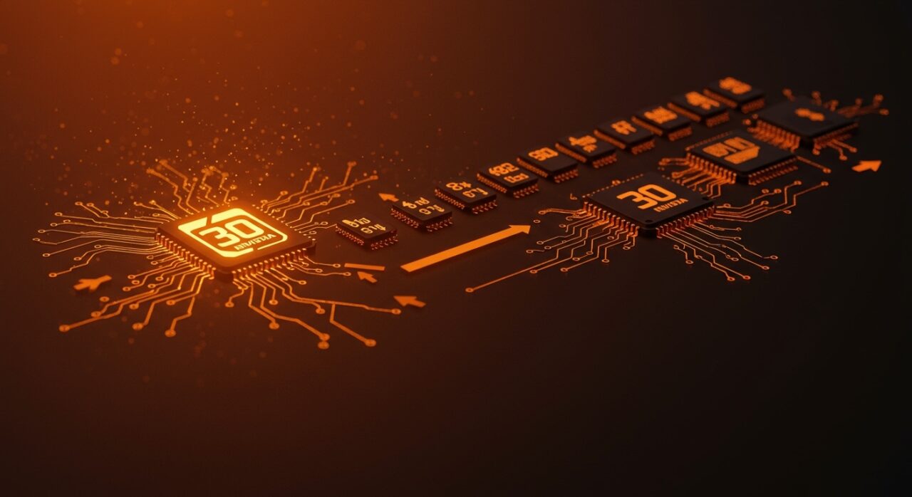 Evolución de GPUs en 30 años ilustrada con chips y metáforas de inteligencia artificial y tendencias del mercado tecnológico en startups.
