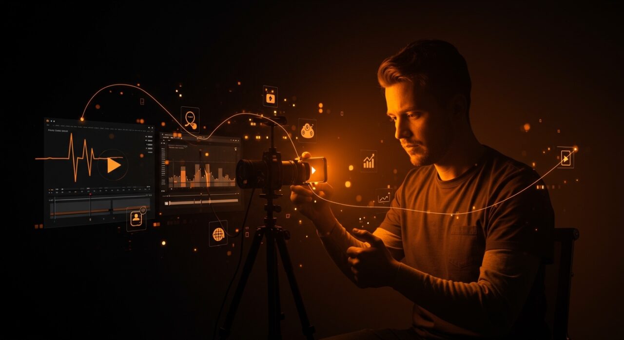 Founder grabando vídeo profesional con móvil usando técnicas y apps de edición para marketing digital y producción audiovisual.