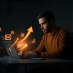 Fundador de startup redactando un correo con cierre «gracias de antemano», aumentando la tasa de respuesta y productividad en email marketing.