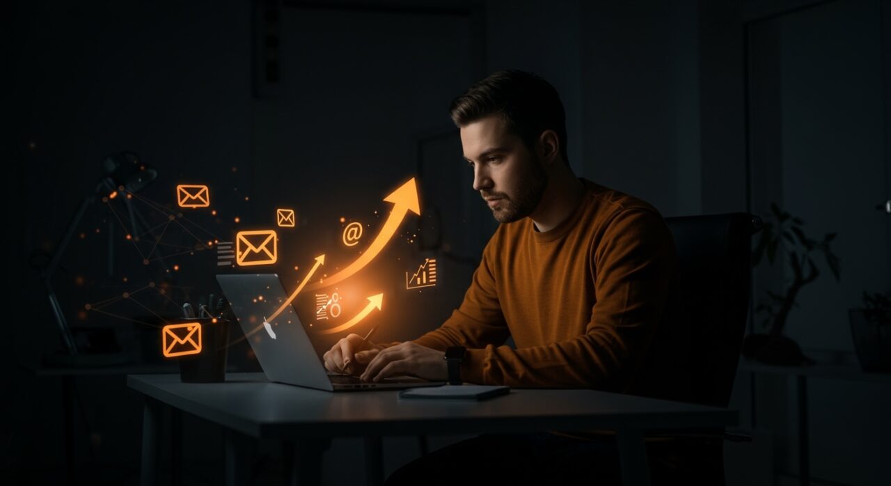 Fundador de startup redactando un correo con cierre «gracias de antemano», aumentando la tasa de respuesta y productividad en email marketing.