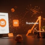 Rebranding de Grammarly a Superhuman ilustrado con IA aplicada y tecnología SaaS en un entorno digital futurista.