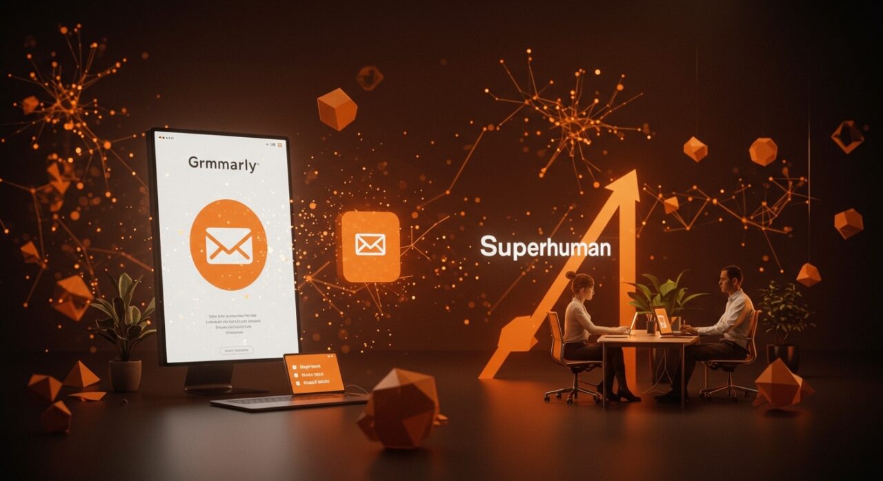 Rebranding de Grammarly a Superhuman ilustrado con IA aplicada y tecnología SaaS en un entorno digital futurista.