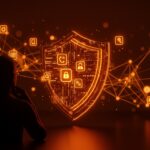 Silhouette de fundador frente a escudo digital representando GrapheneOS, privacidad móvil y modelo open source sin inversión de capital riesgo.