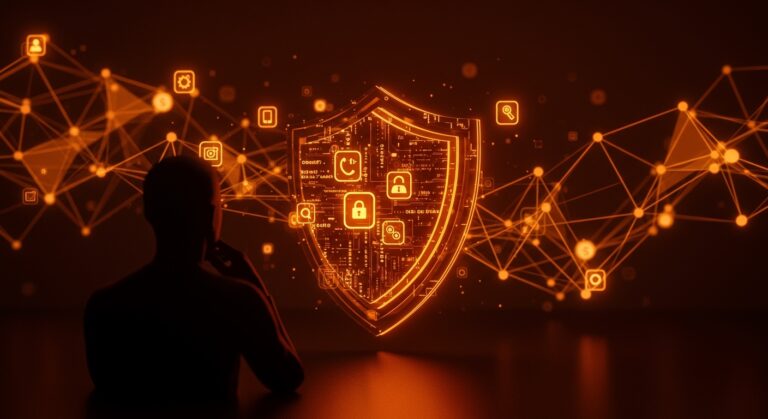 Silhouette de fundador frente a escudo digital representando GrapheneOS, privacidad móvil y modelo open source sin inversión de capital riesgo.