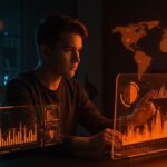 Growth engineer en ambiente startup con visuales abstractas de inteligencia artificial y crecimiento en startups YC, enfoque en contratación LATAM y España.