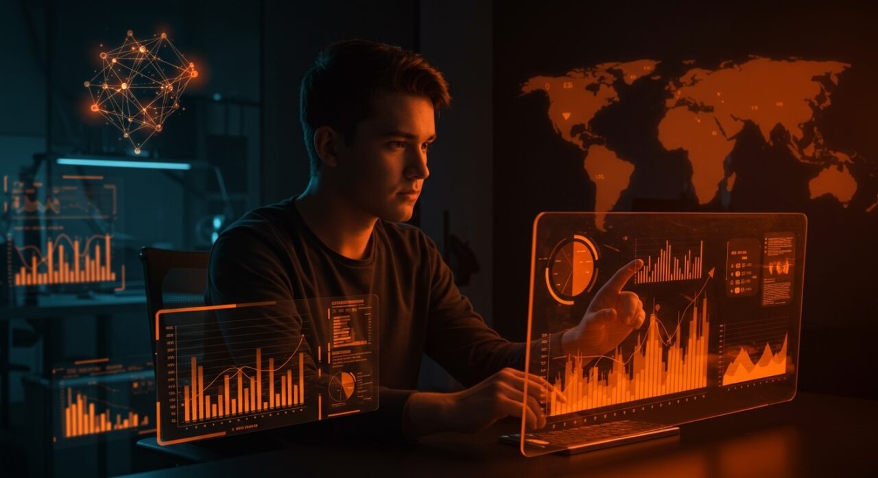 Growth engineer en ambiente startup con visuales abstractas de inteligencia artificial y crecimiento en startups YC, enfoque en contratación LATAM y España.