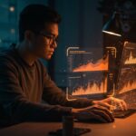 Growth Engineer IA trabajando con interfaz holográfica mostrando salarios y métricas de startups YC en ecosistema SAAS de LATAM.