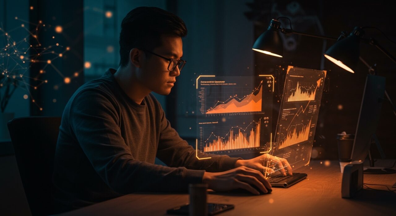 Growth Engineer IA trabajando con interfaz holográfica mostrando salarios y métricas de startups YC en ecosistema SAAS de LATAM.